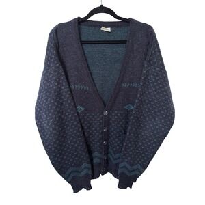 Vintage‎ Penney Cardigan Sweater Charcoal Teal Fair Isle Wool Blend Small Mens